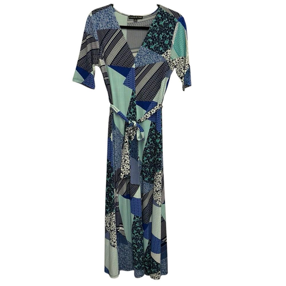 Preston & York Wrap Dress Blue Patchwork Midi Belted Small